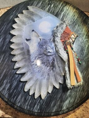 Wolf Feather Wall Art with Fur & Beaded Tassels - Blue Gray